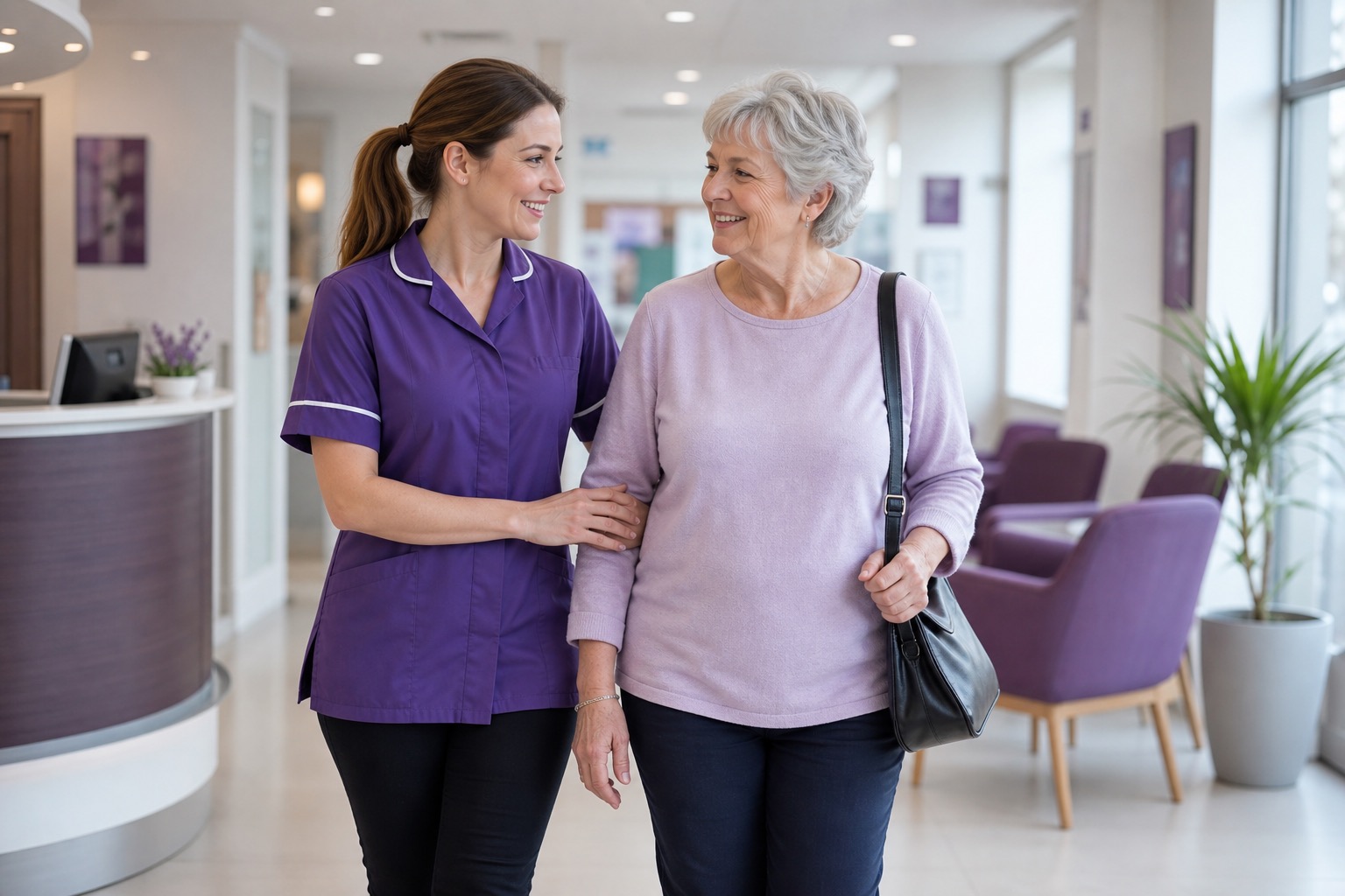 Support worker accompanying an older person at an appointment reception