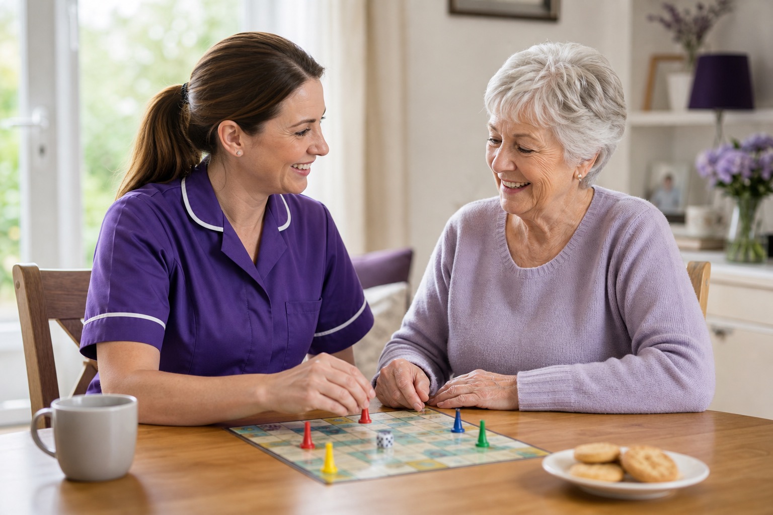 Support worker and older adult enjoying a tabletop activity together