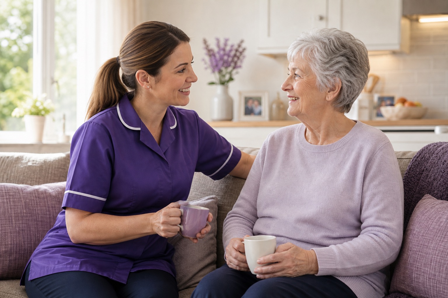 Support worker checking in with an older adult at home